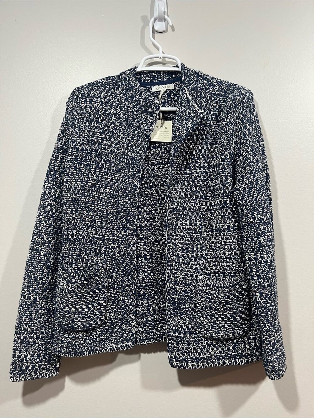 Orvis Navy and White Cotton Knit Open-Front Cardigan Jacket Small